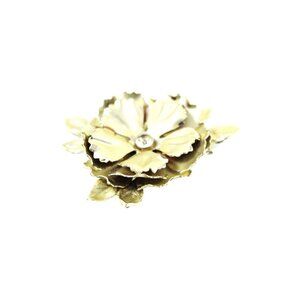 Vintage Floral Gold-Tone Brooch Pin With Rhinestone Center & Leaf Accents
